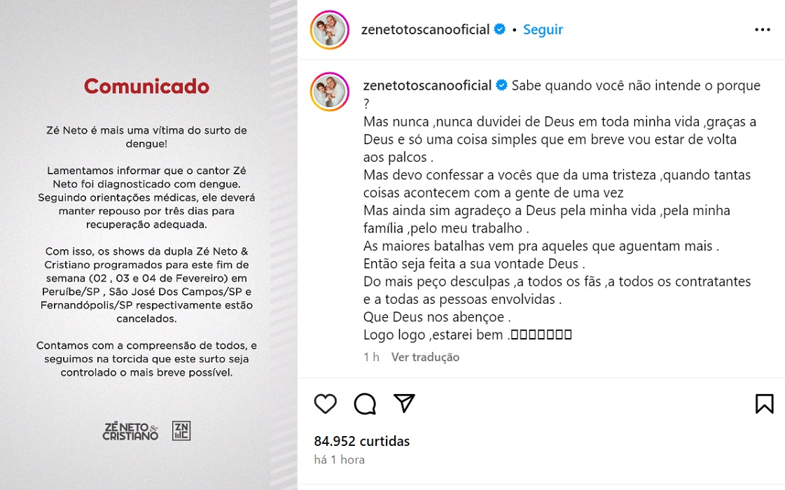 Cantor Zé Neto faz post informando que está com dengue. Foto: divulgação