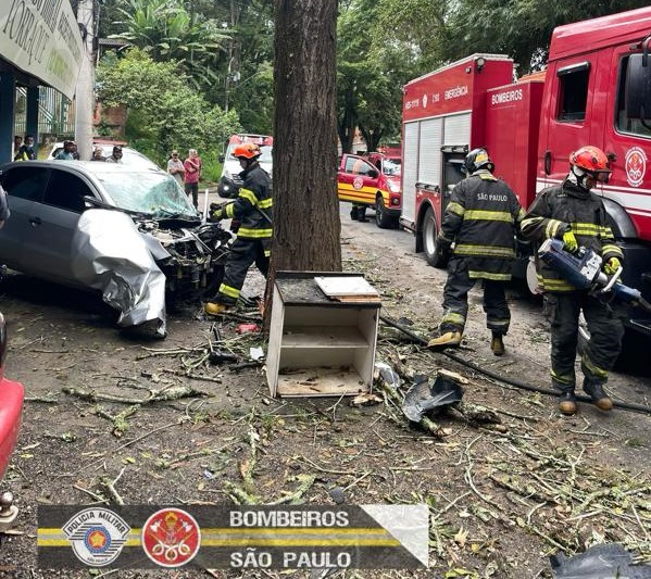 Veículo acidentedo em colisão com árvore e bombeiros no atendimento. Acidente fatal na rodovia SP 50: Motorista de 29 anos morre após colisão com árvore