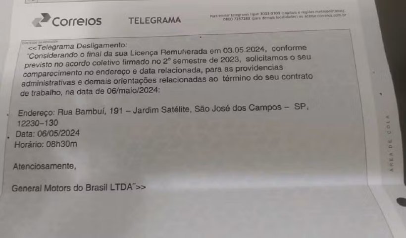 General Motors (GM) de São José dos Campos demite trabalhadores por telegrama.