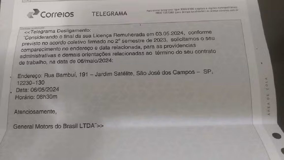General Motors (GM) de São José dos Campos demite trabalhadores por telegrama.