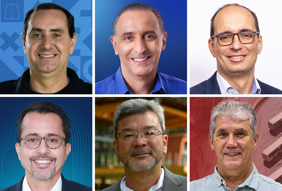 Os candidatos à Prefeitura de São José dos Campos em 2024. Em cima, da esquerda para a direita: Anderson Farias, Eduardo Cury e Wagner Balieiro. Em baixo, da esquerda para a direita: Dr. Elton, Prof. Wilson Cabral e Toninho Ferreira. Veja o tempo de TV - Fotos: Reprodução/Redes sociais