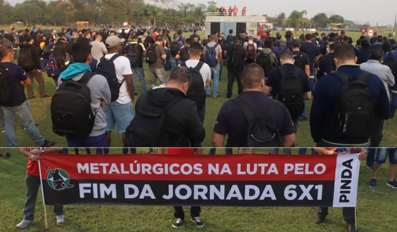 Trabalhadores fazem paralisação pelo fim da jornada 6x1 na Gerdau, em Pinda