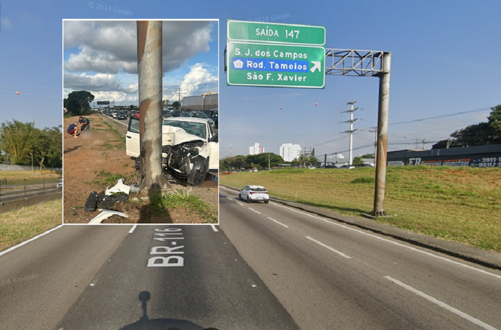 URGENTE: motorista bate em poste na Via Dutra em grave acidente em São José