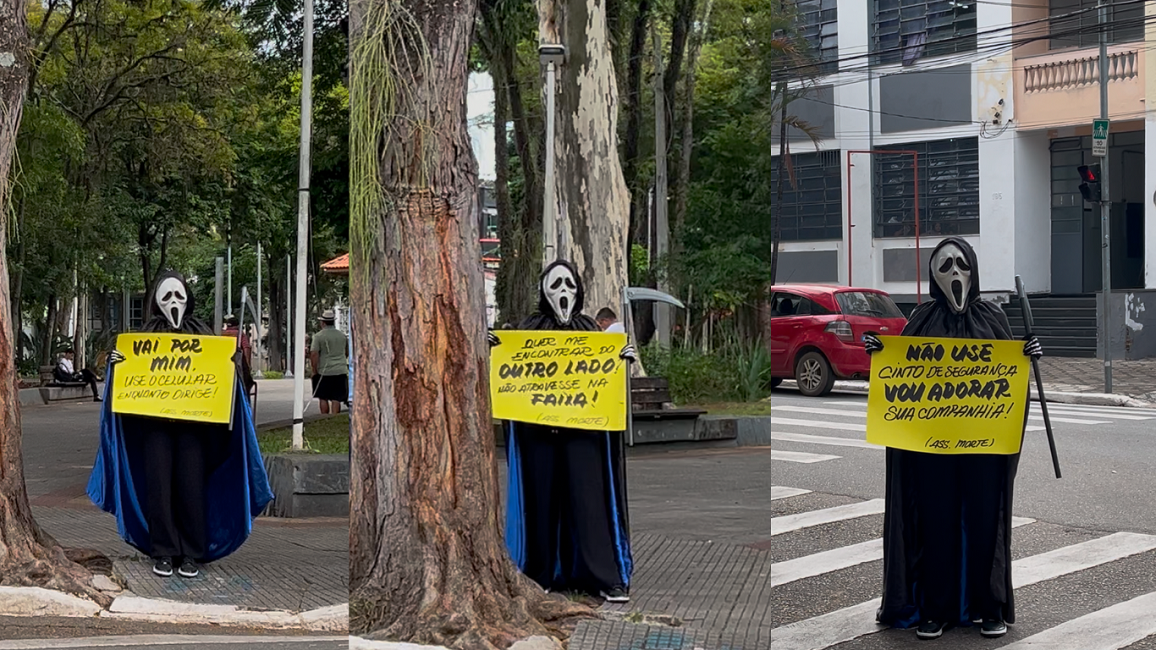 Maio Amarelo: Figura da Morte em praça de Caçapava alerta para riscos no trânsito