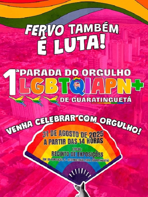 No próximo dia 31 de agosto, a partir das 14h, Guaratinguetá e cidades do Vale do Paraíba receberão a primeira Parada LGBTQIAPN+ do município. O evento, que ocorrerá no Recinto de Exposições