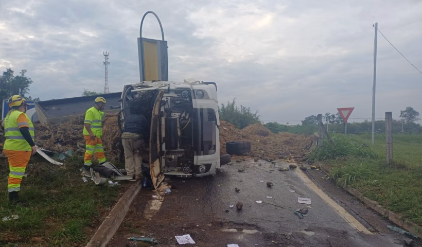 Caminhão carregado de abacaxi tomba na Dutra em Pinda