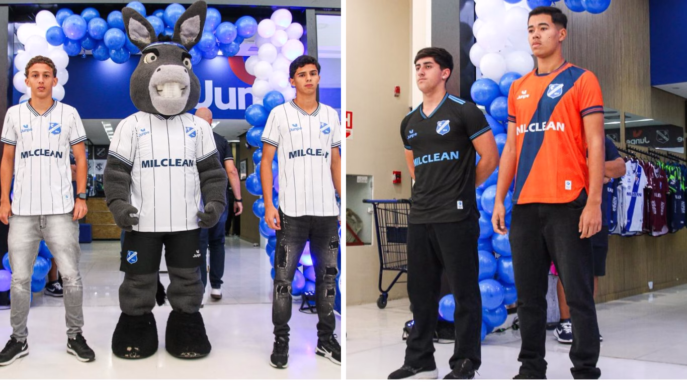 Camisa de linha (branca) e camisas de goleiro (preta e laranja)