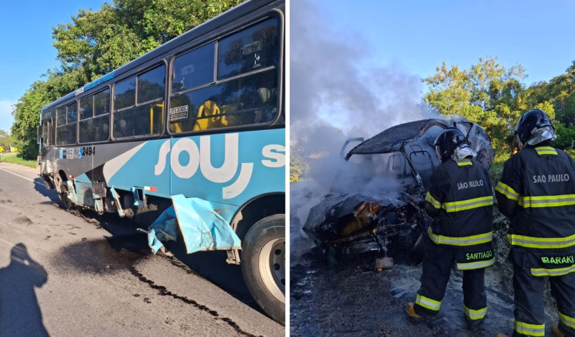 Veículo pega fogo ao colidir com ônibus em rodovia do Vale