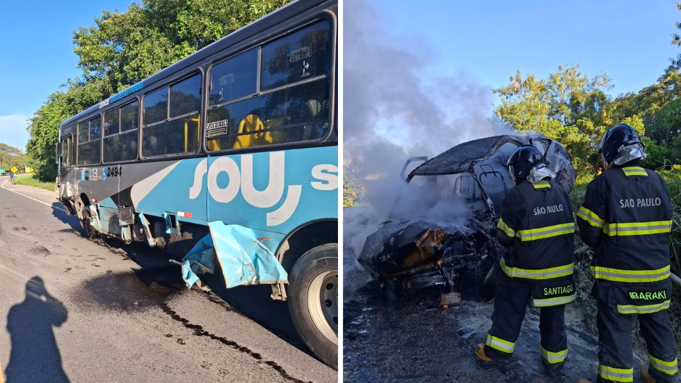 Veículo pega fogo ao colidir com ônibus em rodovia do Vale