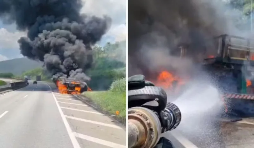 Carreta pega fogo e interdita Via Dutra em Cachoeira Paulista