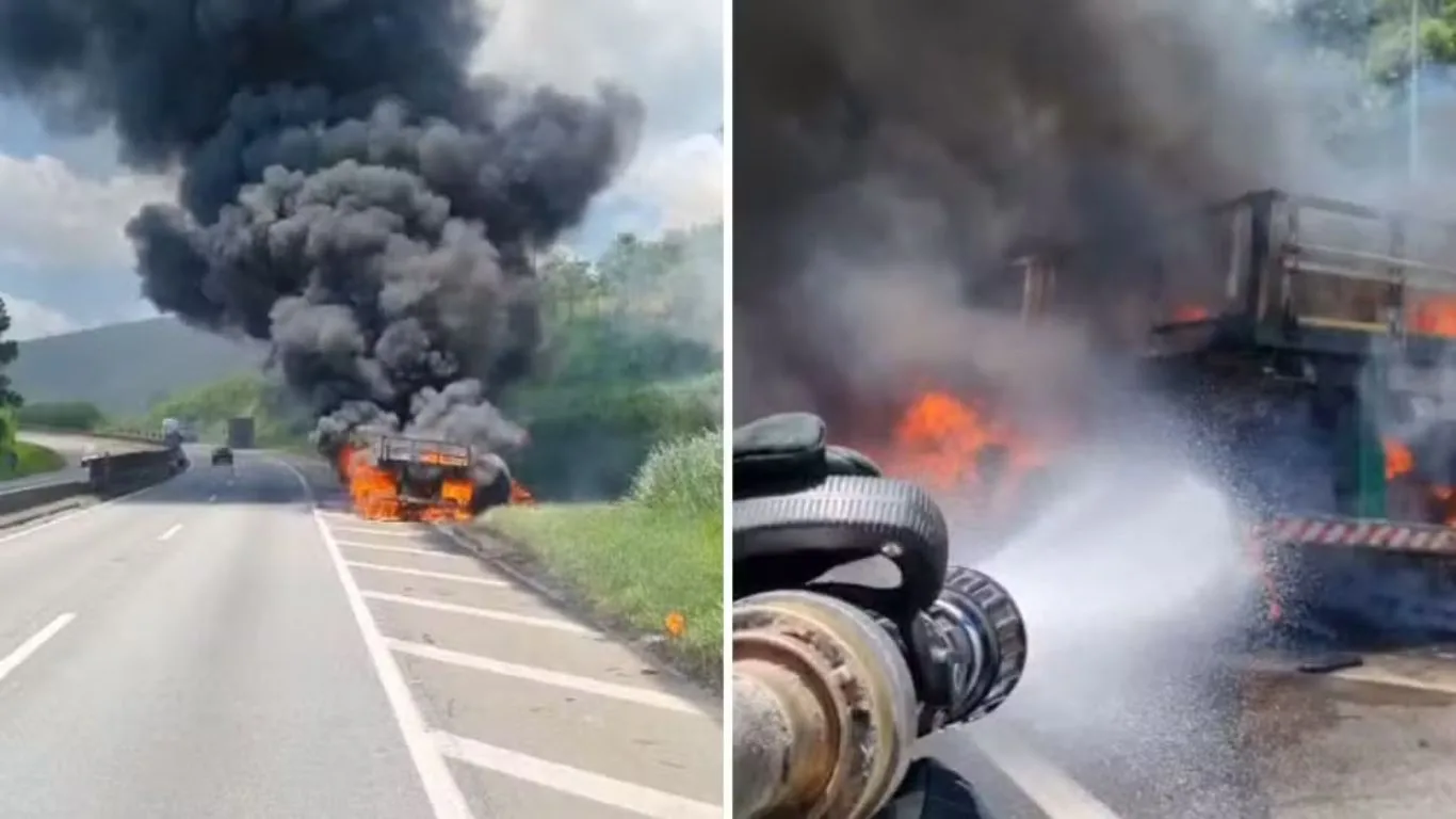 Carreta pega fogo e interdita Via Dutra em Cachoeira Paulista