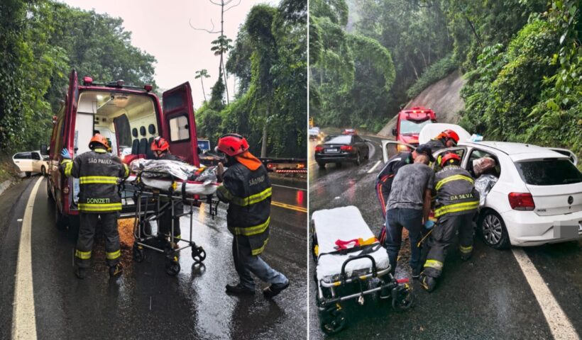 Caminhão tomba e atinge carro na Rio-Santos em Caraguatatuba