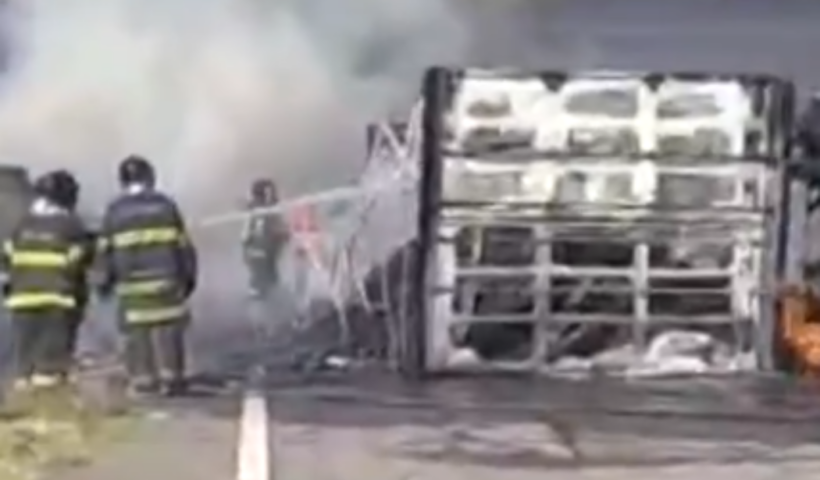 Acidente com bombeiros usando a mangueira para apagar fogo