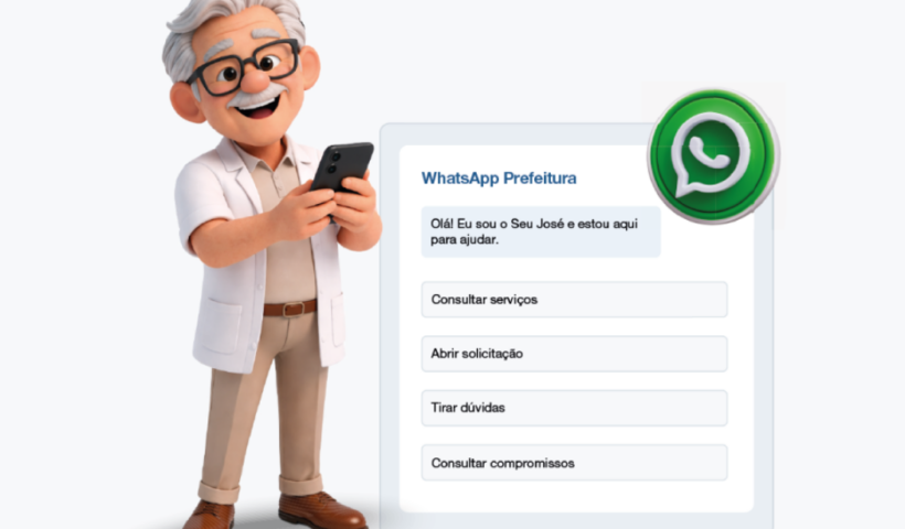 Esta imagem apresenta o "Seu José", um personagem digital em estilo 3D que atua como assistente virtual da Prefeitura de São José dos Campos, posicionado ao lado de um menu de atendimento via WhatsApp