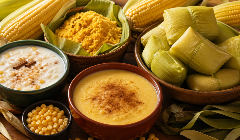 Uma mesa rústica de madeira exibe um banquete típico de milho, incluindo pamonhas na palha, canjica com canela, curau, cuscuz e espigas frescas, celebrando a culinária tradicional brasileira.