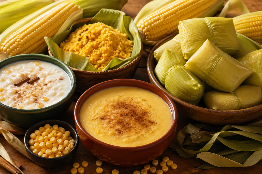 Uma mesa rústica de madeira exibe um banquete típico de milho, incluindo pamonhas na palha, canjica com canela, curau, cuscuz e espigas frescas, celebrando a culinária tradicional brasileira.