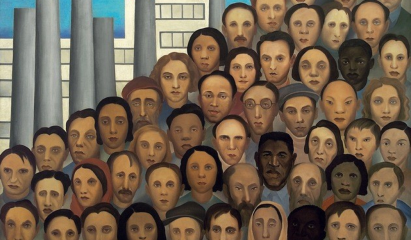 A pintura "Operários", de Tarsila do Amaral, exibe uma multidão de rostos diversos e cansados sobrepostos em pirâmide, tendo ao fundo chaminés de fábricas que simbolizam a industrialização.