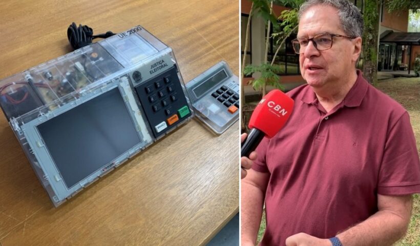 urna eletrônica utilizada nas eleições de 200 e o pesquisador Toné, do Inpe