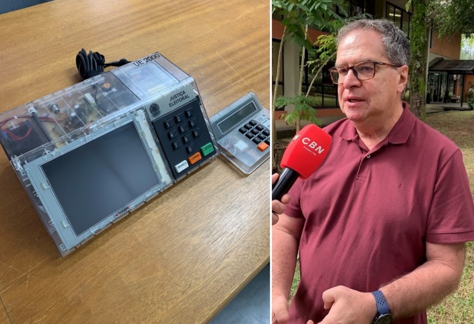 urna eletrônica utilizada nas eleições de 200 e o pesquisador Toné, do Inpe