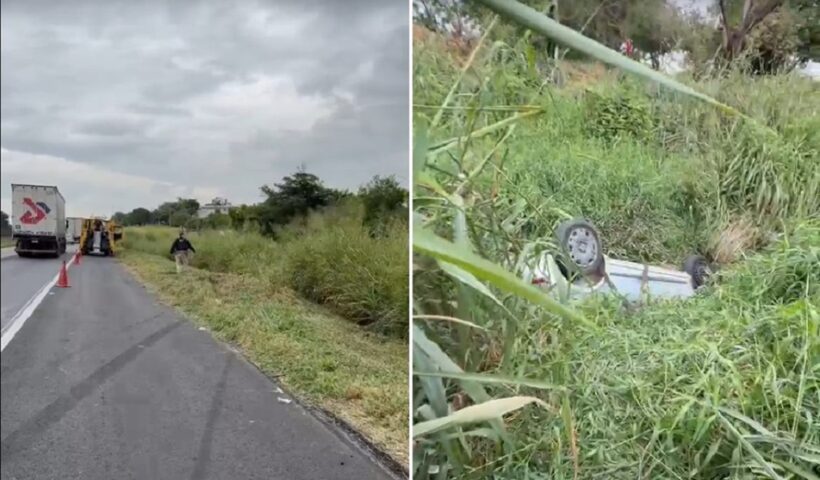 capotamento criminoso: marcas de pnues na saída da Via Dutyra em direção a barranao; veículo capotado em barranco na dutra