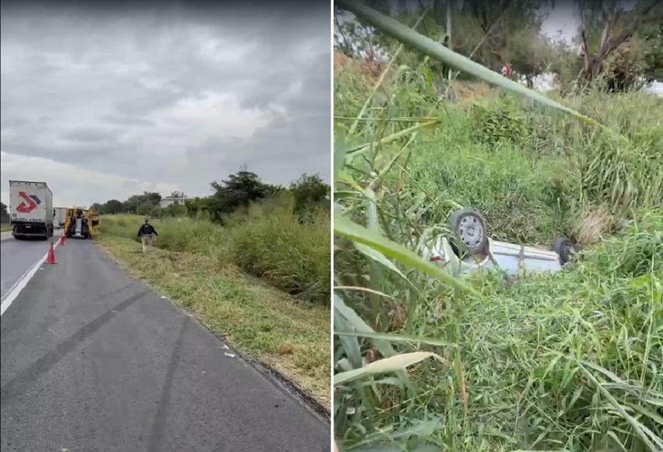 marcas de pnues na saída da Via Dutyra em direção a barranao; veículo capotado em barranco na dutra