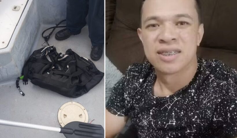 foto de Colete salva-vidas encontrado em buscas por turista desaparecido em Ilhabela; ao lado, foto do turista