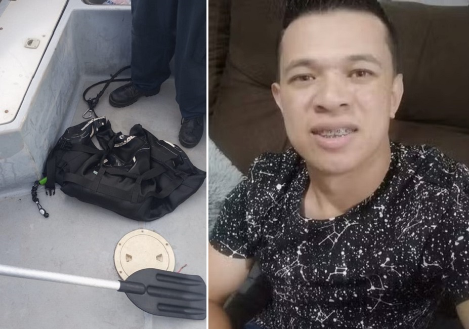 foto de Colete salva-vidas encontrado em buscas por turista desaparecido em Ilhabela; ao lado, foto do turista