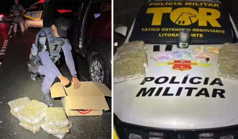 Policial Militar conferindo drogas apreendidas com espanhol em Ubatuba