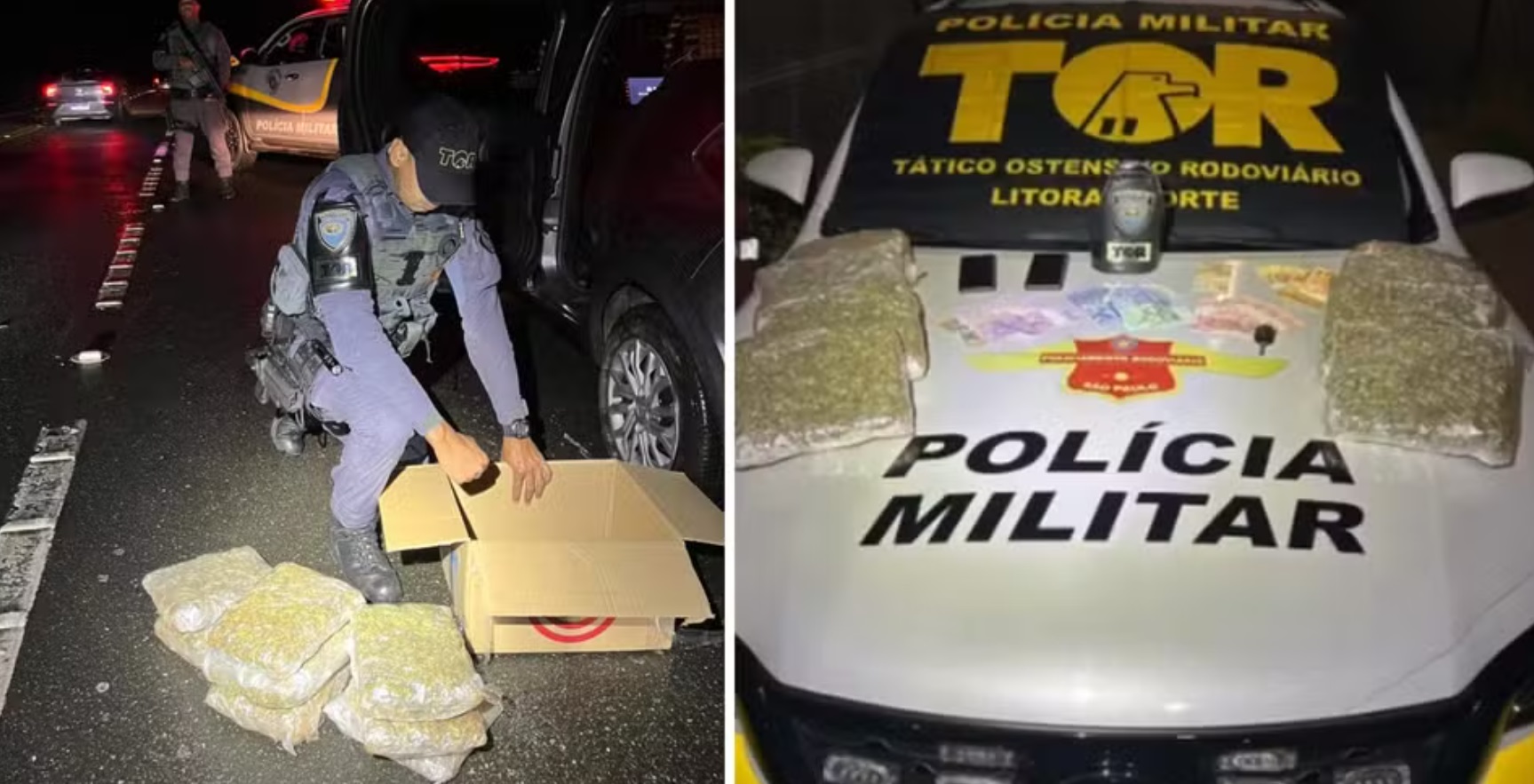 Policial Militar conferindo drogas apreendidas com espanhol em Ubatuba