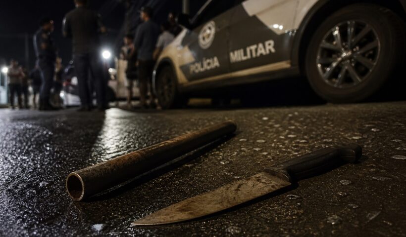 barra de ferro e faca caída no chão de uma rua; ao fundo, viatura de polícia com movimentaqção de pessoas