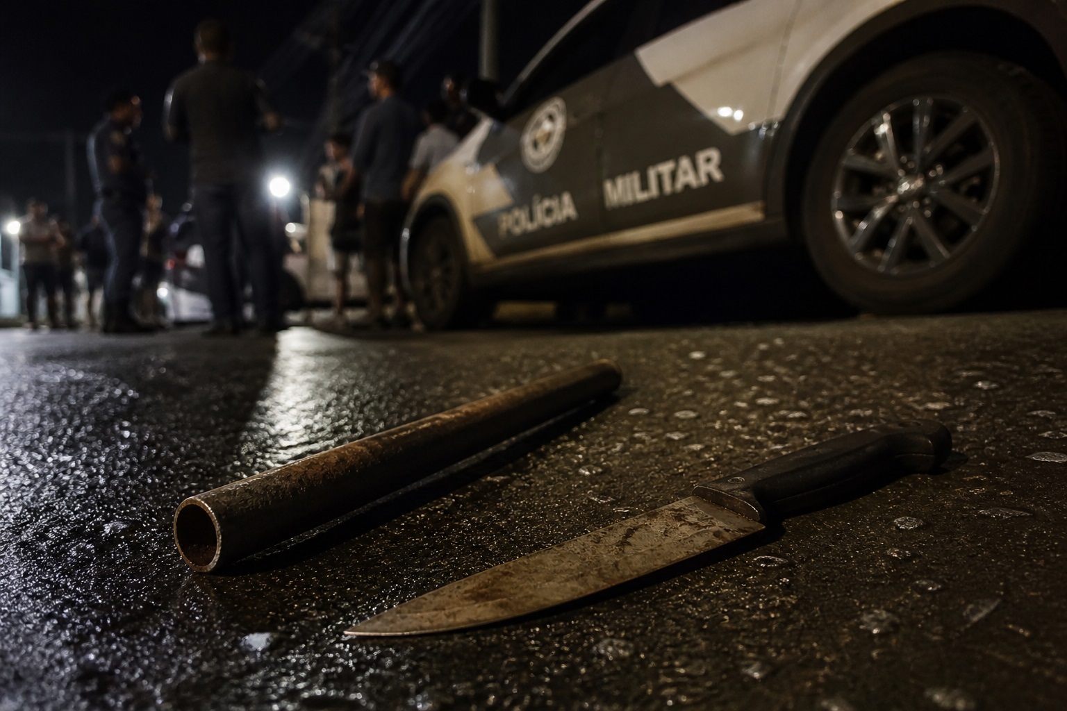 barra de ferro e faca caída no chão de uma rua; ao fundo, viatura de polícia com movimentaqção de pessoas
