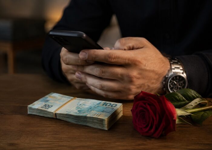 mãos humanas segurando um celular ao lado de dinheiro sobre a mesa e uma rosa vermelha para ilustrar o Golpe do amor