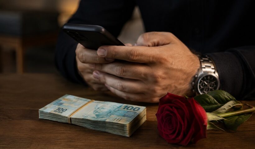mãos humanas segurando um celular ao lado de dinheiro sobre a mesa e uma rosa vermelha para ilustrar o Golpe do amor