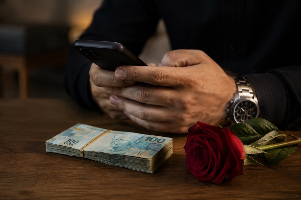 mãos humanas segurando um celular ao lado de dinheiro sobre a mesa e uma rosa vermelha para ilustrar o Golpe do amor