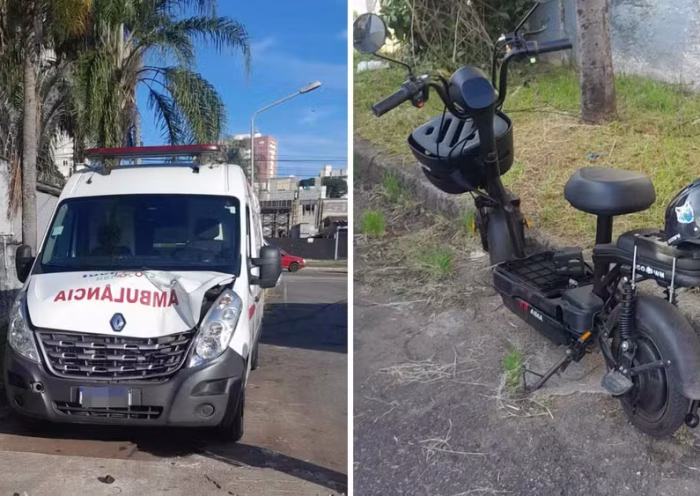 Colisão entre ambulância e moto elétrica deixa mulher e criança feridas em São José dos Campos