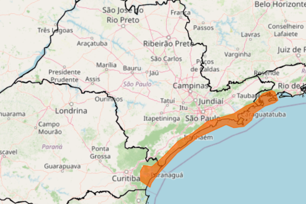 Defesa Civil e Inmet alertam para ventos de até 70 km/h, chuva forte e ressaca no Litoral Norte de São Paulo.