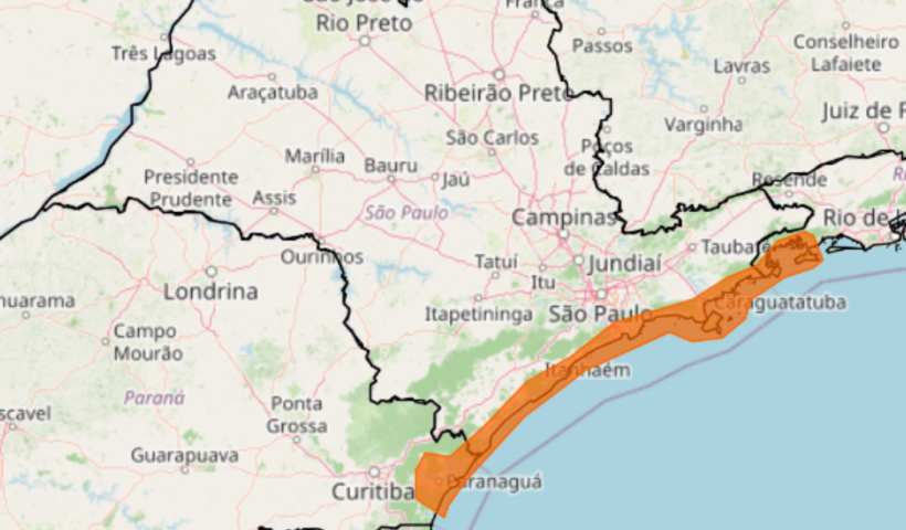 Defesa Civil e Inmet alertam para ventos de até 70 km/h, chuva forte e ressaca no Litoral Norte de São Paulo.