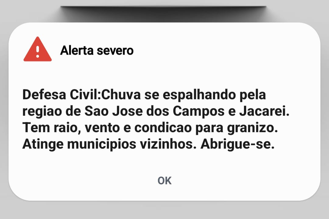 Alerta enviado para moradores do Vale do Paraíba na tarde desta segunda-feira