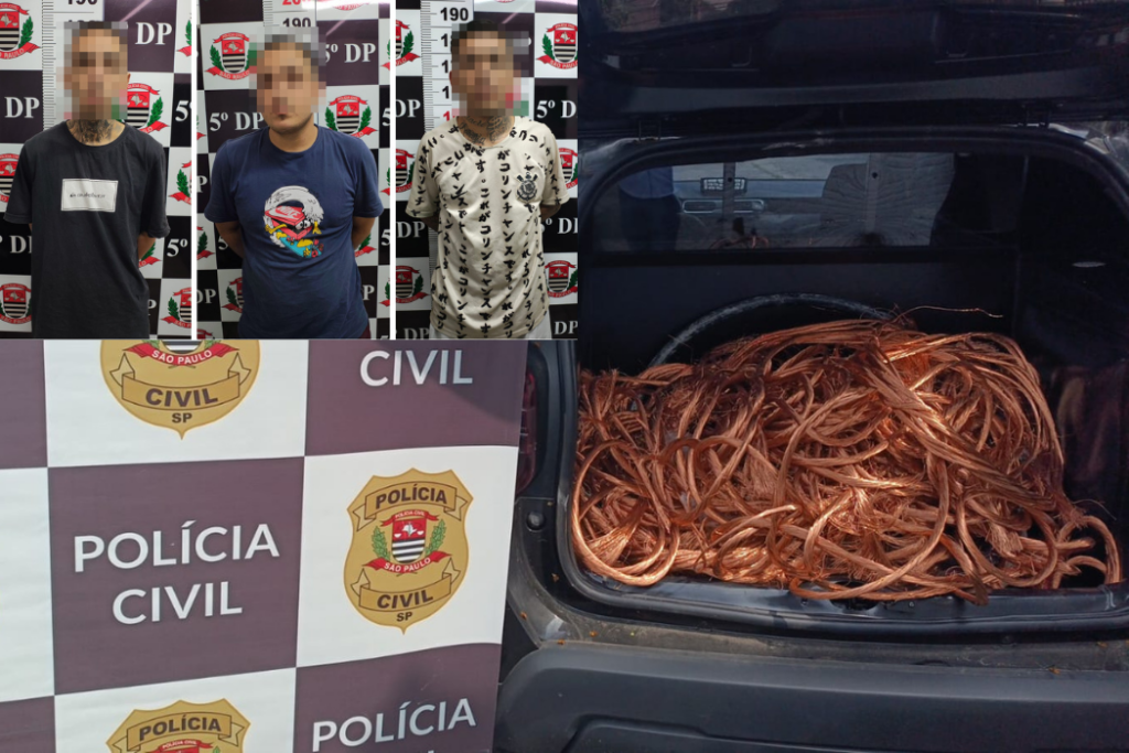 Polícia Civil prende três pessoas e apreende cerca de 100 kg de fios de cobre durante investigação em São José dos Campos.