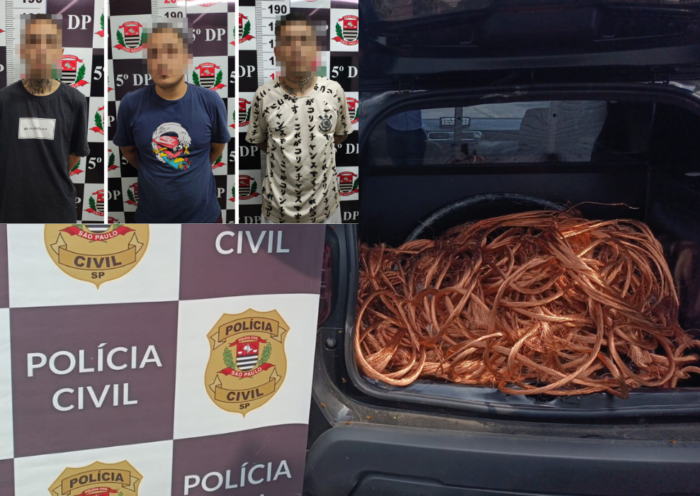Polícia Civil prende três pessoas e apreende cerca de 100 kg de fios de cobre durante investigação em São José dos Campos.