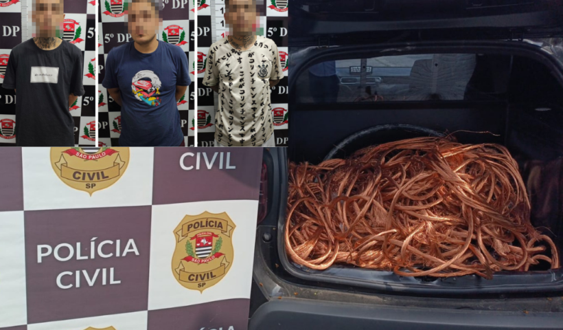 Polícia Civil prende três pessoas e apreende cerca de 100 kg de fios de cobre durante investigação em São José dos Campos.