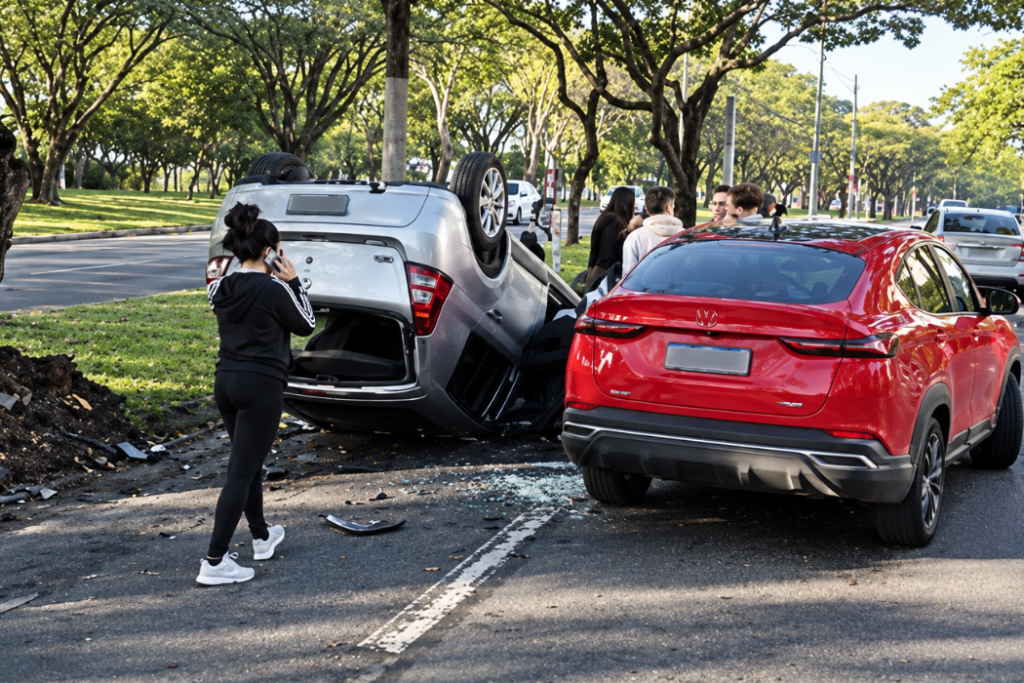 Carro capota após acidente envolvendo dois veículos na Avenida Cidade Jardim, em São José dos Campos, na manhã desta quarta-feira (16).