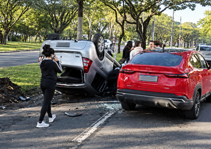 Carro capota após acidente envolvendo dois veículos na Avenida Cidade Jardim, em São José dos Campos, na manhã desta quarta-feira (16).