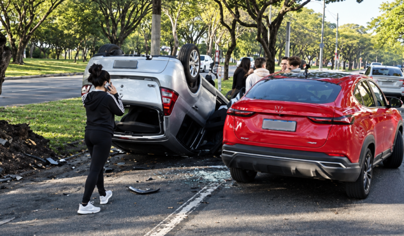 Carro capota após acidente envolvendo dois veículos na Avenida Cidade Jardim, em São José dos Campos, na manhã desta quarta-feira (16).